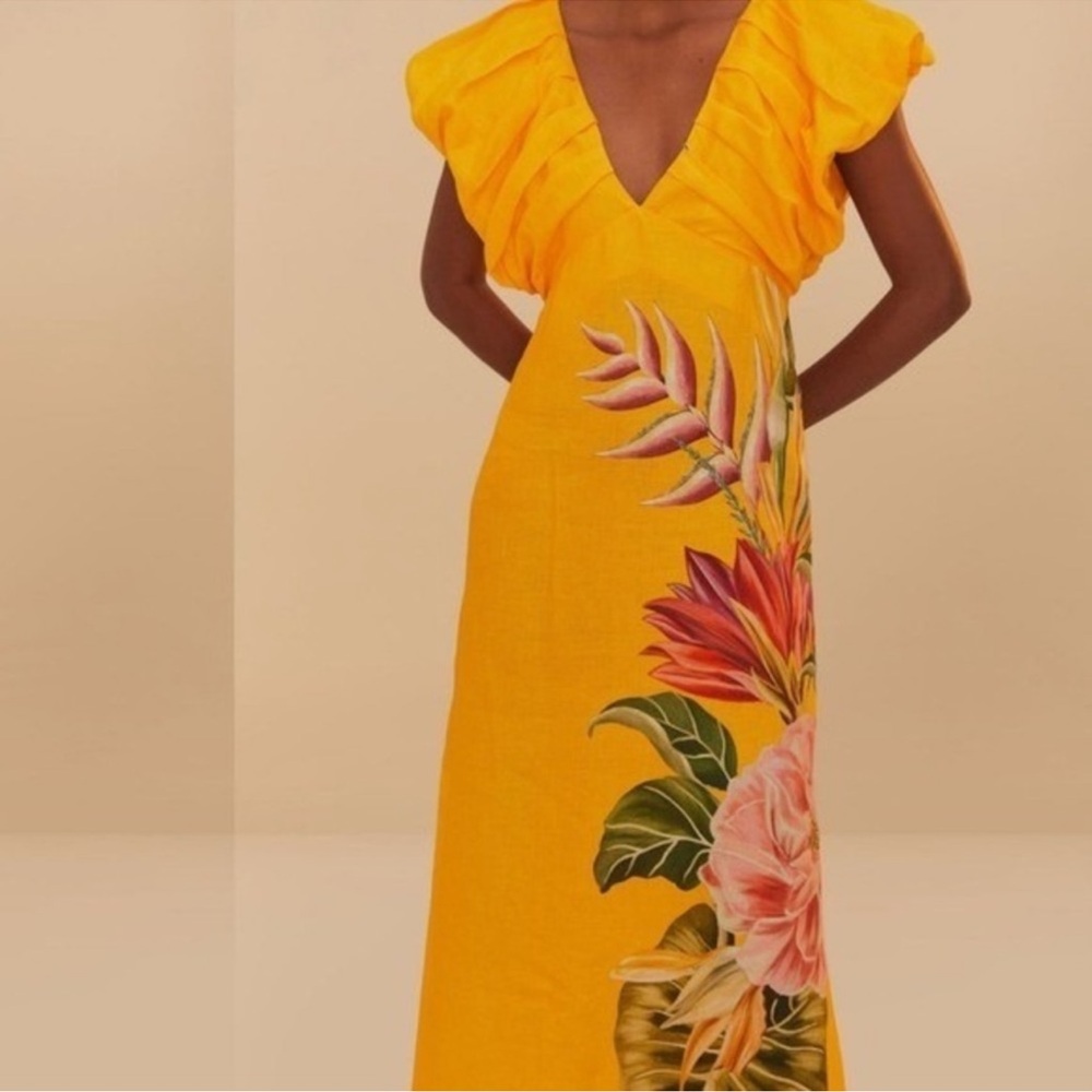 FARM Rio Yellow Spring Awakening Euroflax linen Tropical Floral VNeck Maxi Dress - Picture 2 of 10